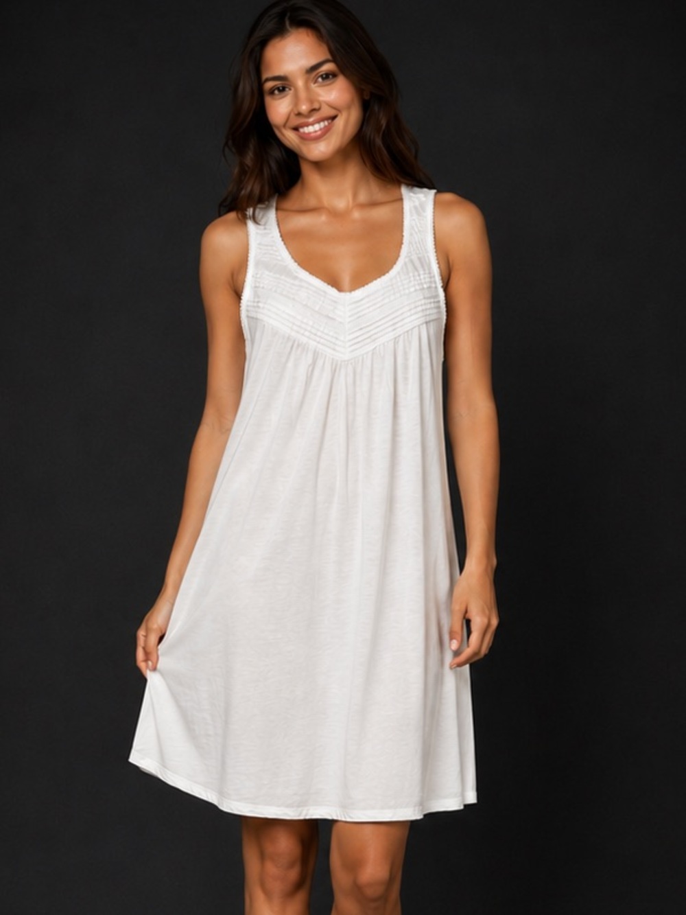 MARINA LUNA size L White Crochet Yoke Sleeveless Chemise sleepwear pintuck chic